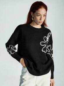Aveloria Modichic Floral Embroidered Loose Fit Crew-Neck Sweater, Versatile Casual Plant Style Women's Warm Pullover Knit Pullover Fall Winter - Black - View 4