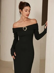GENKIRA Off Shoulder Ribbed Fitted Maxi Knit Dress, Long Sleeve Bodycon Long Dress For Women - Black - View 6