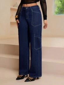 SHEIN Essnce Pantalones cargo rectos informales para mujer - Azul lavado oscuro - Ver 6