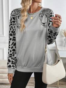 SHEIN LUNE Felpa da donna con stampa leopardata e inserti, felpa sportiva da donna per primavera e autunno, pullover casual per l'autunno - Grigio - Visualizzare 1