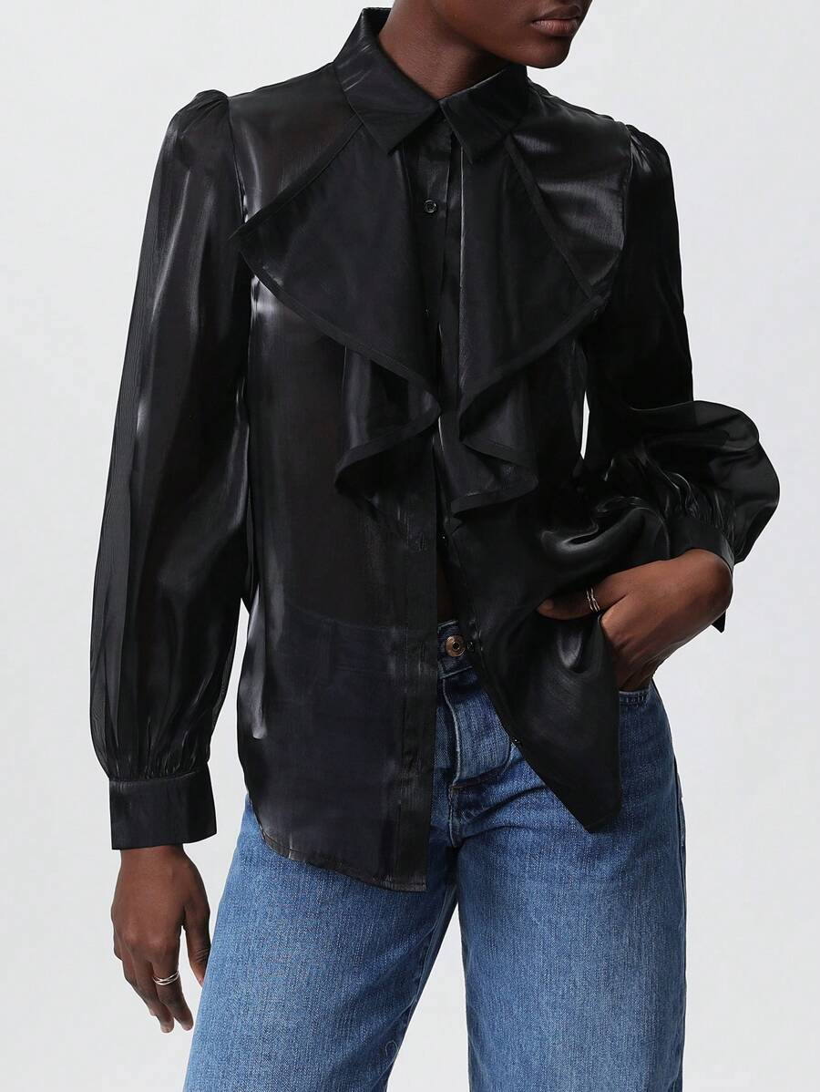 SHEIN Privé 荷叶边透明衬衫，长袖，适合春夏季节、情人节