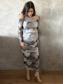 SHEIN 1 件扎染露肩孕妇针织长袖连衣裙，紧身中长连衣裙，适合派对 - 彩色 - 查看 4