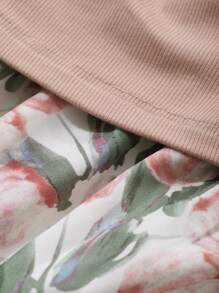 Set de 2 piezas con camiseta de unicolor y falda con estampado floral para mujer, ropa de vuelta al colegio y atuendos de vacaciones estilo bohemio - Rosa - Ver 8