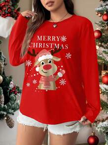 SHEIN EZwear Luźny, minimalistyczny T-shirt z nadrukiem renifera, okrągłym dekoltem i długim rękawem, luźny, dla puszystych, odpowiedni na Boże Narodzenie, jesień/zimę