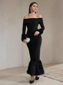 Modelyn 1pc Women's Solid Color Off-Shoulder Furry Long Sleeve Fitted Dress, Elegant Long Evening Dresses
