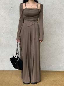 DAZY 3 件套：优雅吊带背心和阔腿裤套装，适合女士 - 卡其色 - 查看 3