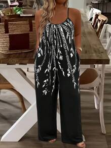 SHEIN LUNE Mono minimalista casual de talla grande para mujer con estampado de flor blanca sobre fondo negro de punto para el verano