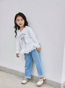 Young Girl' Spring/Autumn Long Sleeve Contrast Lace Cute T-Shirt Top - White - View 4