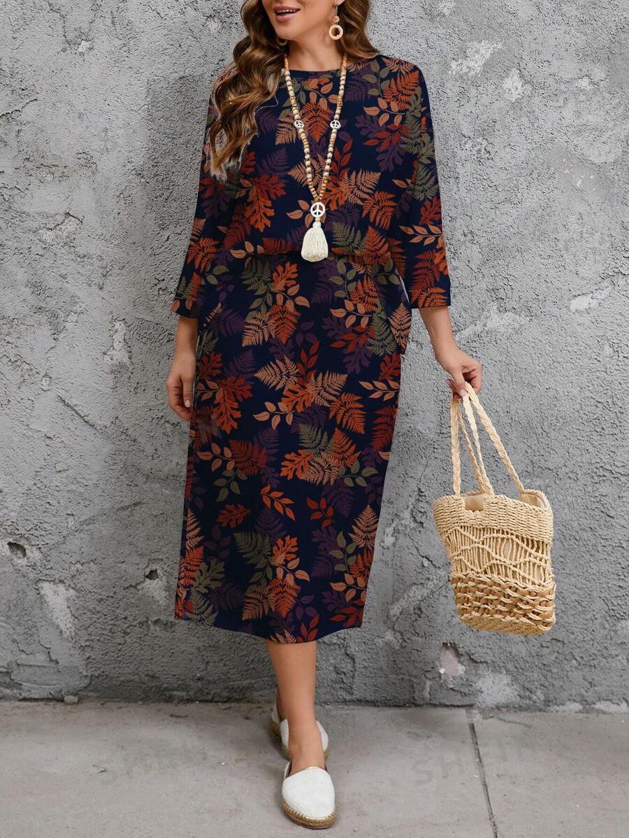 SHEIN LUNE Conjunto de 2 piezas de camiseta de manga de murciélago con cuello redondo y falda con estampado de hojas de arce, adecuado para otoño/invierno, talla grande