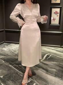 DAZY V 领蕾丝拼布泡泡袖中长连衣裙，适合女士舞会礼服，优雅、荷叶边、正式女士礼服，秋季长袖连衣裙 - 杏色 - 查看 5