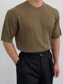 DAZY Fitted Basic Cable Knitted Sweater For Men - Olive Green - View 1