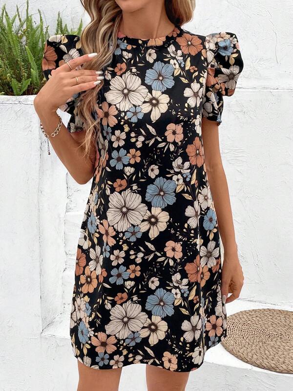 SHEIN Clasi Rochie mini pentru femei, elegantă, cu gât rotund, cu imprimeu floral, cu mâneci bufante, ocazională, în linie H, potrivită pentru uzura zilnică, navetă, serviciu