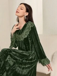 Al Najma 女式撞色蕾丝 V 领长袖荷叶边下摆优雅阿拉伯连衣裙，优雅 A 字长款阿拉伯连衣裙，适合晚会/日常休闲