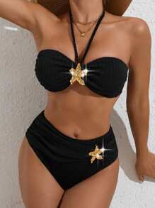 Bộ đồ lót vải Bandeau họa tiết màu trơn và quần lót cạp cao mùa hè - Nhiều màu - Xem 3