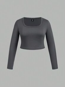 SHEIN EZwear 3pcs Women Plus Size Black, White, Gray U-Neck Tight Cropped Long Sleeve T-Shirts, Versatile Casual Undershirts, Outerwear, Suitable For Autumn/Winter, Back To School - Multicolor - View 9