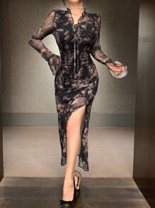 DAZY 全印花花卉和植物网眼 V 领修身中长连衣裙，适合女士、派对装、秋季连衣裙长袖连衣裙 - 黑色 - 查看 10