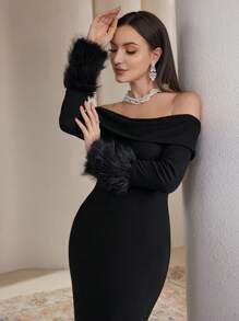 Modelyn 1pc Women's Solid Color Off-Shoulder Furry Long Sleeve Fitted Dress, Elegant Long Evening Dresses