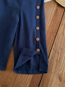 SHEIN Babygirl Cute Blue Button-Decoreted Elastic Waist Casual Pants, Summer - Blue - View 3