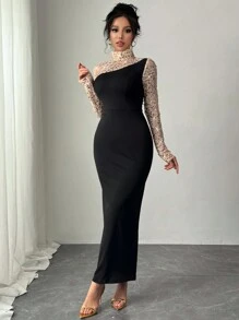 Chiquease Women Elegant Sequin Splice Stand Collar Contrast Color Long Dress - Multicolor - View 6