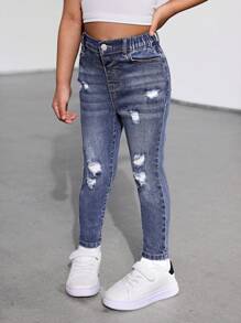 SHEIN Young Girls Blue Denim Ripped Jeggings, Girl Fall Jeans - Light Wash - View 7