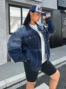 SHEIN EZwear 大码女式秋季长袖单排扣休闲磨边牛仔夹克