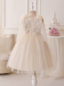 Glamorique Kids Young Girls Dress, V-Neck Lace Floral, Sleeveless Tulle Bow Decor, Elegant Performance Ruffled Dress, Suitable For Flower Girl, Presenter - Champagne - View 2