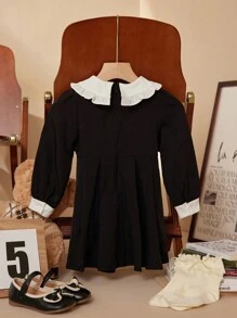 PrepCrw Vestido con mangas abullonadas y cuello color block lindo para niñas, otoño - Negro - View 2