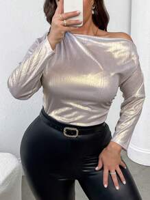 SHEIN Privé Blusa asimétrica con cuello para el Día de San Valentín con brillo y semitransparente, en talla grande, nuevo diseño