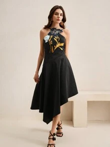 Anewsta Váy midi hở vai thêu hoa thanh lịch cho nữ, trang phục mùa hè cho nữ, ngày lễ tình nhân, đêm hẹn hò - màu đen - Xem 3