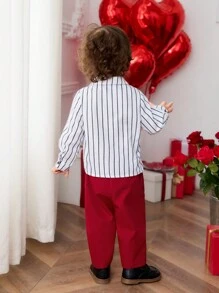 SHEIN 2pcs Set Baby Boys Casual 2 In 1 Vest Shirt, Striped Shirt Top And Straight Pants With Bow Tie , Suitable For Spring/Autumn, Suitable For Christmas, Birthday, Christening, 1st Birthday Party, Evening Party, Performance, Wedding