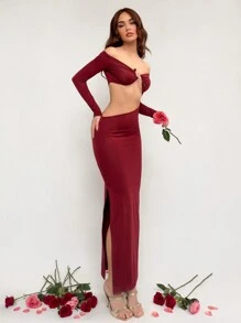 Aloruh Women's Ankara Red Extra Long Metallic Hollow Out Slim High Slit Romantic Date Night Dress Valentine's Day Outfit