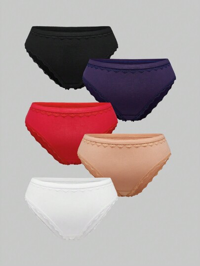 5 pièces/set Culottes côtelées de base à bordure en dentelle grande taille