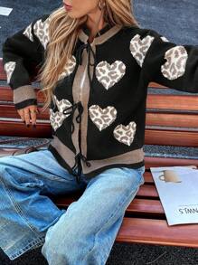 Chiquease Cárdigan negro de mujer con cuello redondo, diseño de corazón y leopardo, y decoración de lazo - Multicolor - Ver 7