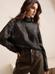 Anewsta High-End French Style Gold Foil Embellished Crew Neck Sweater Knit Pullover Fall Winter Sweater - Gold - View 5