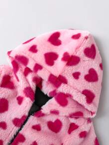 SHEIN Young Girls Fashionable Reversible Heart Pattern Plush Hooded Zipper Jacket - Hot Pink - View 7