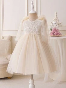 Glamorique Kids Young Girls Dress, V-Neck Lace Floral, Sleeveless Tulle Bow Decor, Elegant Performance Ruffled Dress, Suitable For Flower Girl, Presenter - Champagne - View 3