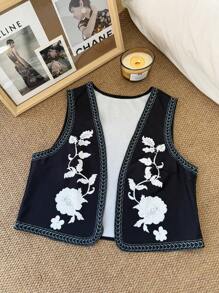 SHEIN Privé Plus Size Elegant Casual & Resort Style Western Collarless Sleeveless Short Jacket, Floral Print Vest