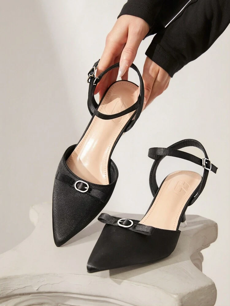 CUCCOO CHICEST Women's Fashionable Black Satin Bow Ankle Strap Pointed Toe High Heel Pumps, Suitable For Commuting, Dates, Gatherings And Parties Valentine's Day