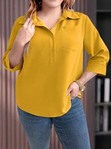 EMERY ROSE Camisa casual de talla grande para mujer con botones y mangas 3/4 sueltas y llanas - Amarillo - Ver 4