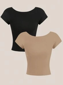 SHEIN EZwear 2pcs/Set Women Backless Round Neck Short Sleeve Tight Crop Top, Suitable For Summer Suitable For Going Out - Multicolor - View 2