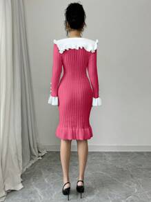 Elenzga Robe pull élégante pour femmes avec col blocs de couleurs, manches évasées et volants à l'ourlet, pour l'automne/hiver