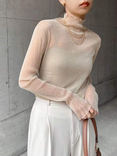 FRIFUL Women's Solid Color Stand Collar Long Sleeve Fitted Mesh Top Sheer,Back To School Clothes,Fall Women Clothes Turtleneck Women