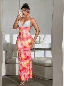 SHEIN SXY Vestido largo de mujer con estampado de teñido anudado, contraste, espalda sexy, bajo de sirena y cuello halter, vestido de verano, vestidos de verano para mujer, vestido para el Día de San Valentín