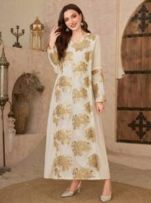 Al Najma 女士花卉亮片 V 领长袖阿拉伯传统连衣裙 - 彩色 - 查看 1