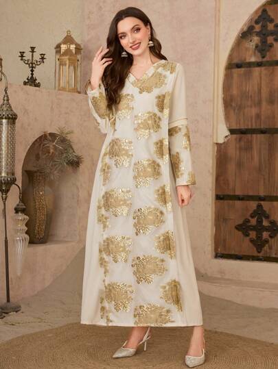 Al Najma 女士花卉亮片 V 领长袖阿拉伯传统连衣裙