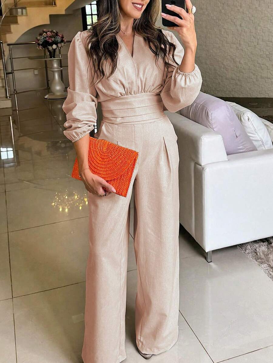 Pariaura Women's Solid Color Simple Daily Long Sleeve Jumpsuit - Apricot - View 1