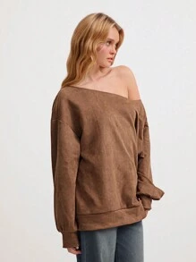 Flirla 1pc Women's Casual Versatile Classic Simple Comfortable Strapless Loose Suede-Like Long Sleeve Sweatshirt, Brown, Autumn/Winter