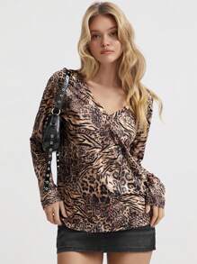Lunelith SHEIN Lunessa 1 pieza Camiseta de manga larga holgada y cómoda con cuello en V, estampado de leopardo y cebra asimétrico y sexy para mujer, multicolor, para otoño/invierno y primavera