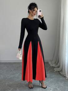 Elenzga Elegant Color-Block Waist Cinching Long Dress, Autumn - Red - View 1