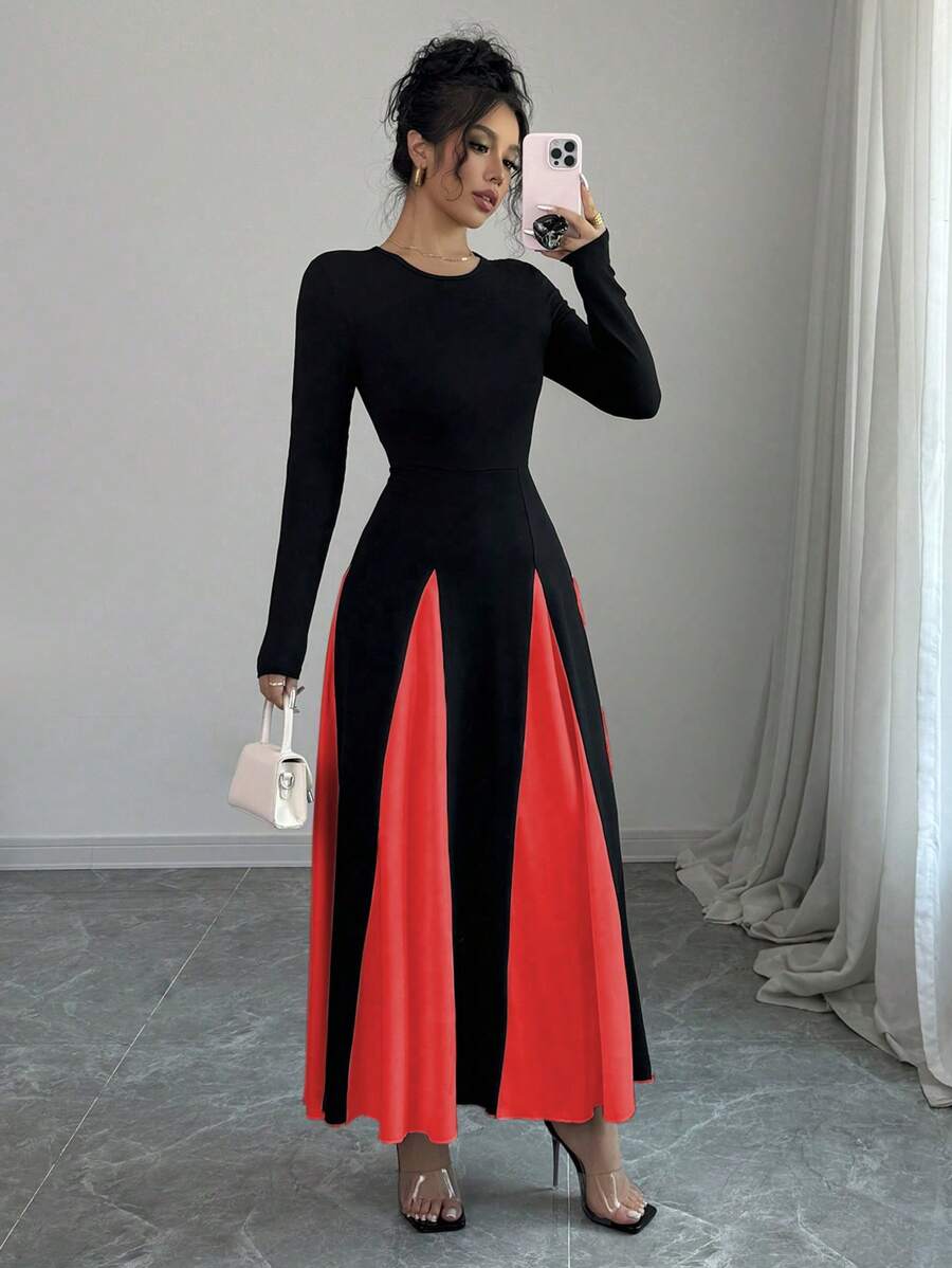 Elenzga Elegant Color-Block Waist Cinching Long Dress, Autumn - Red - View 1